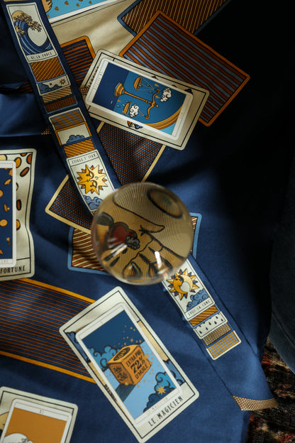 Tarot de Marseille marine silk twill scarf 110cm